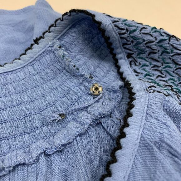 Free People Sz L Wind Willow oversized embroidered shirred mini dress boho blue - Picture 5 of 11